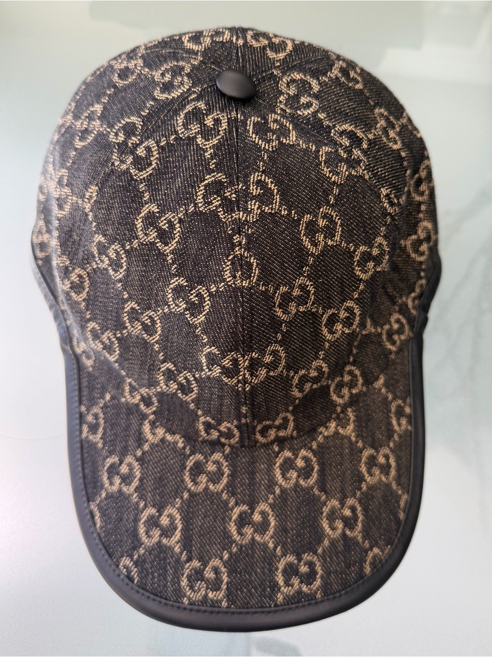 Brand new Black Grey Gucci GG Denim Baseball Hat W/leather Trim,Adjustable Strap